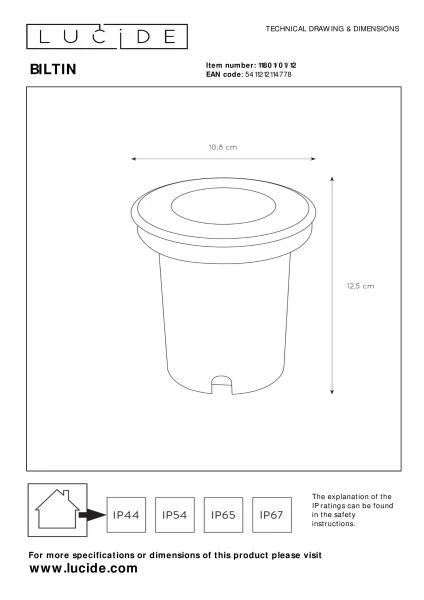 Lucide BILTIN - Bodeneinbaustrahler Innen/Außen - Ø 10,8 cm - 1xGU10 - IP67 - Chrom Matt - TECHNISCH